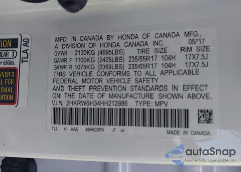 2017 Honda Cr-V Lx z USA, uszkodzony, nr VIN 2HKRW6H34HH212986